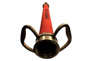 An underwriter's playpipe: brass handles and nozzle with a long tube.