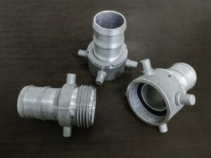 Three threaded aluminum hose couplings with pin lug swivels