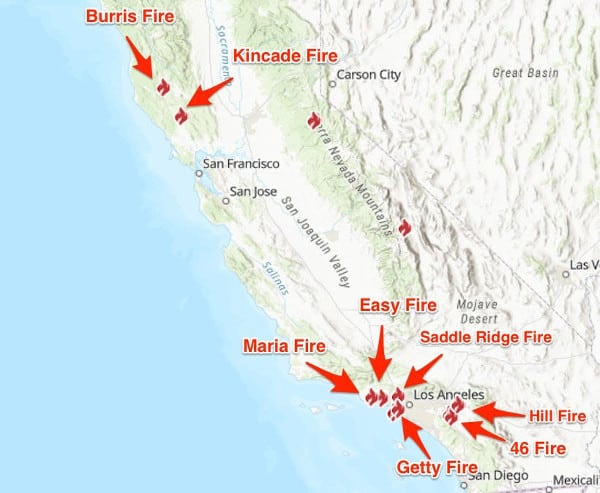 Mapa de los incendios forestales de California