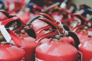 A batch of red fire extinguishers
